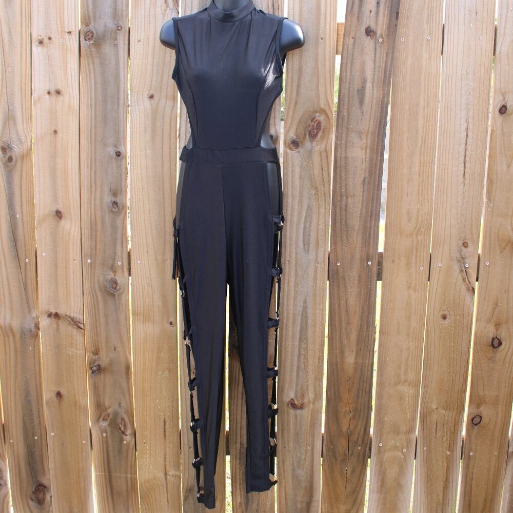 Black Cutout Strappy Cage Jumpsuit High Neck Clubwear Size‎ L